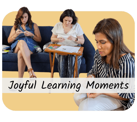 Button reading 'Joyful Learning Moments' featuring women completing crafts.